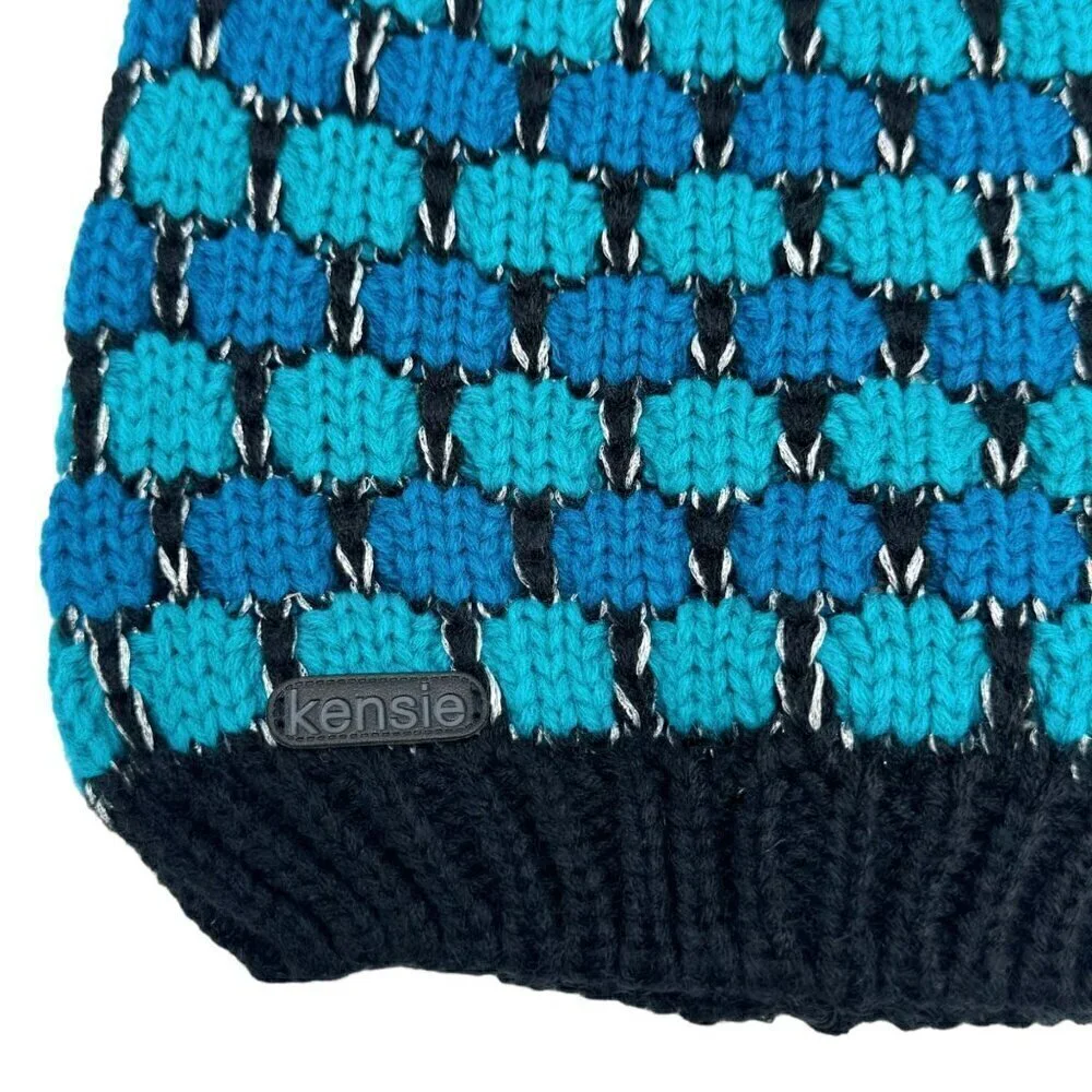 NWT KENSIE Knit Beanie & Infinity Scarf Set 2PCs Blue Turquoise Geometric
